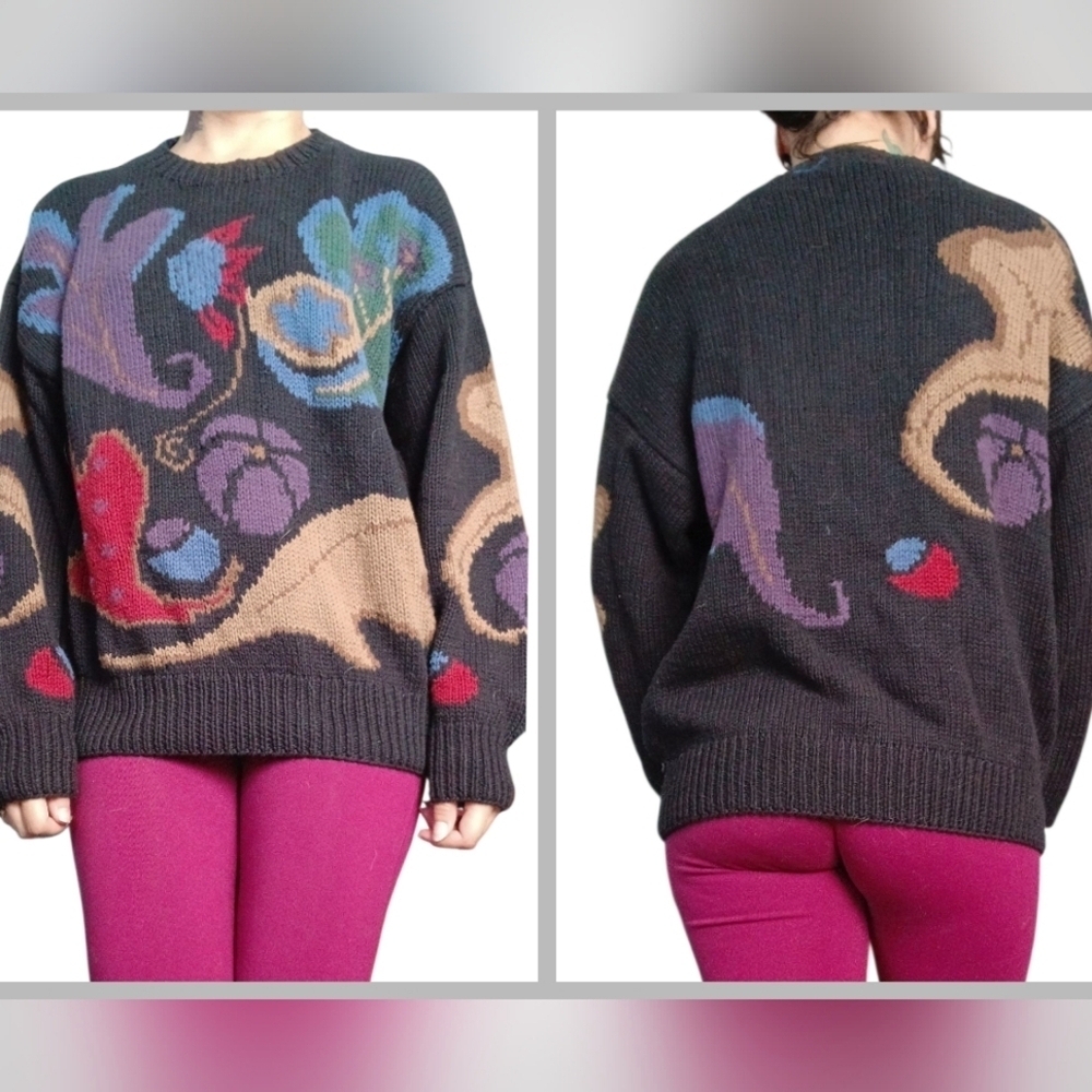 Vintage Hand Knit Cotton Abstract Pattern Crewneck Sweater Black Multi Medium